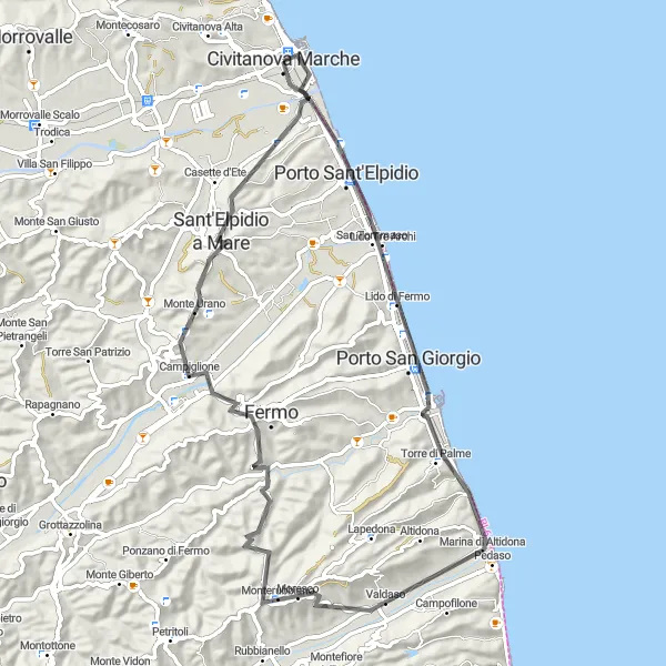 Miniature de la carte de l'inspiration cycliste "Côte Adriatique" dans la Marche, Italy. Générée par le planificateur d'itinéraire cycliste Tarmacs.app