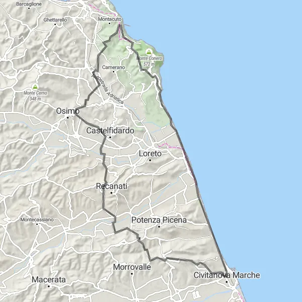 Map miniature of "Civitanova Marche - Montecosaro - Castelfidardo - Poggio - La Torre - Porto Recanati" cycling inspiration in Marche, Italy. Generated by Tarmacs.app cycling route planner