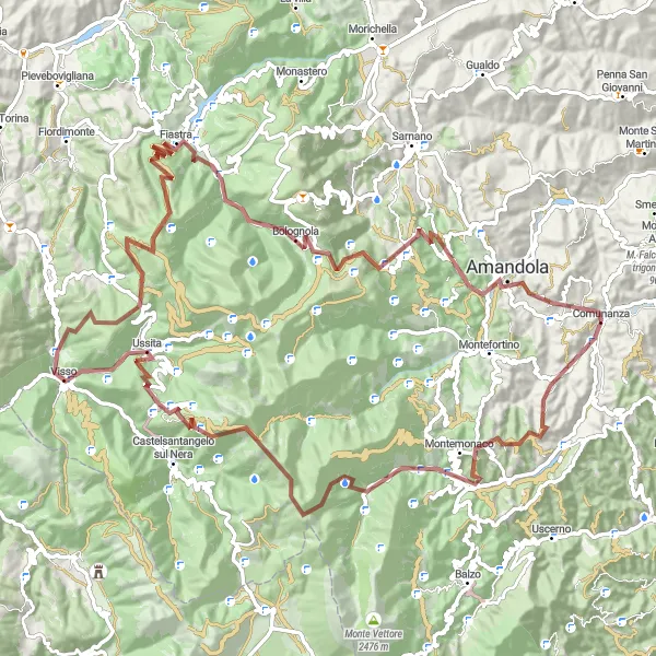 Miniatuurkaart van de fietsinspiratie "Avontuurlijke graveltocht van 113 km rond Comunanza" in Marche, Italy. Gemaakt door de Tarmacs.app fietsrouteplanner