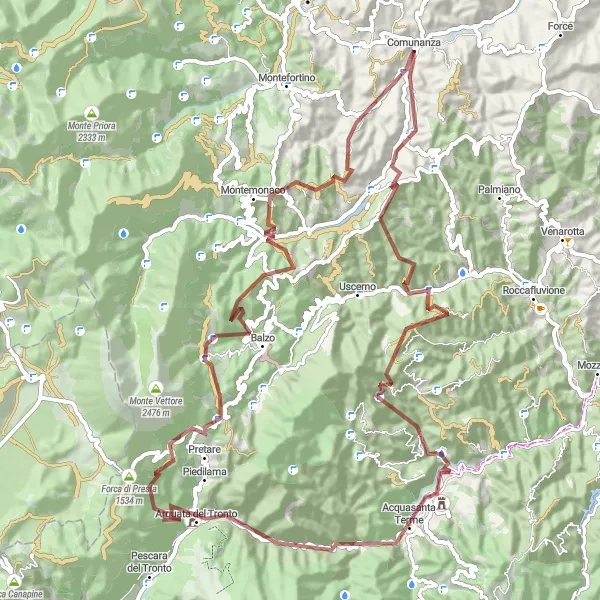 Map miniature of "Mountain Gravel Challenge" cycling inspiration in Marche, Italy. Generated by Tarmacs.app cycling route planner