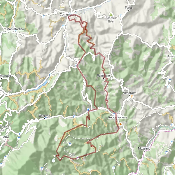 Miniatura della mappa di ispirazione al ciclismo "Percorso in bicicletta gravel verso Monte San Martino e Palmiano" nella regione di Marche, Italy. Generata da Tarmacs.app, pianificatore di rotte ciclistiche