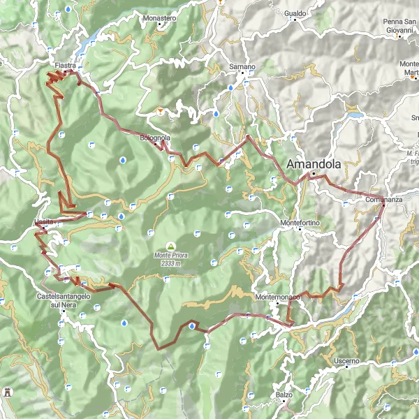 Miniatura della mappa di ispirazione al ciclismo "Giro in bicicletta attraverso i Monti Sibillini" nella regione di Marche, Italy. Generata da Tarmacs.app, pianificatore di rotte ciclistiche