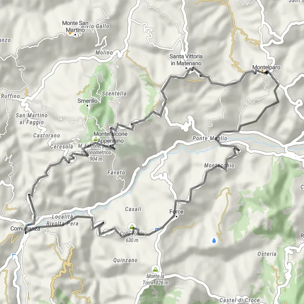 Miniatuurkaart van de fietsinspiratie "Heuvelachtige roadtrip van 43 km rond Comunanza" in Marche, Italy. Gemaakt door de Tarmacs.app fietsrouteplanner