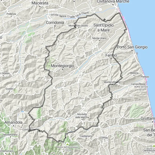 Miniatuurkaart van de fietsinspiratie "Mogliano naar Moresco Avontuur" in Marche, Italy. Gemaakt door de Tarmacs.app fietsrouteplanner