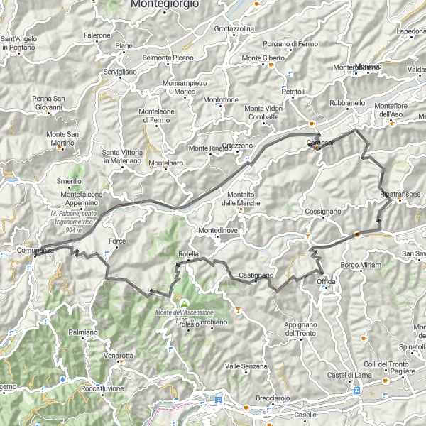 Miniatura della mappa di ispirazione al ciclismo "Itinerario cicloturistico tra Carassai e Monte la Torre" nella regione di Marche, Italy. Generata da Tarmacs.app, pianificatore di rotte ciclistiche