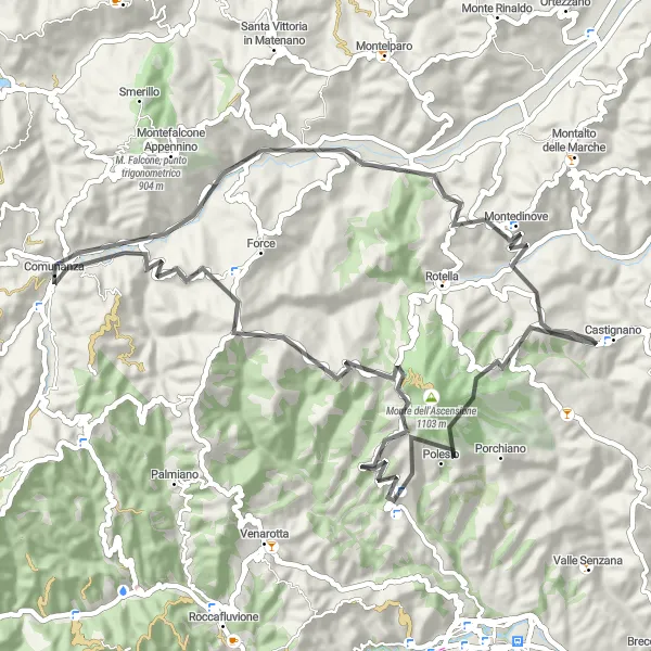 Miniatuurkaart van de fietsinspiratie "Montedinove naar Monte Baiardo" in Marche, Italy. Gemaakt door de Tarmacs.app fietsrouteplanner