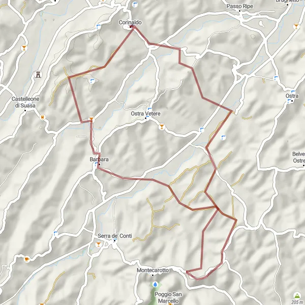 Miniatura della mappa di ispirazione al ciclismo "Gravel di Corinaldo a Barbara" nella regione di Marche, Italy. Generata da Tarmacs.app, pianificatore di rotte ciclistiche