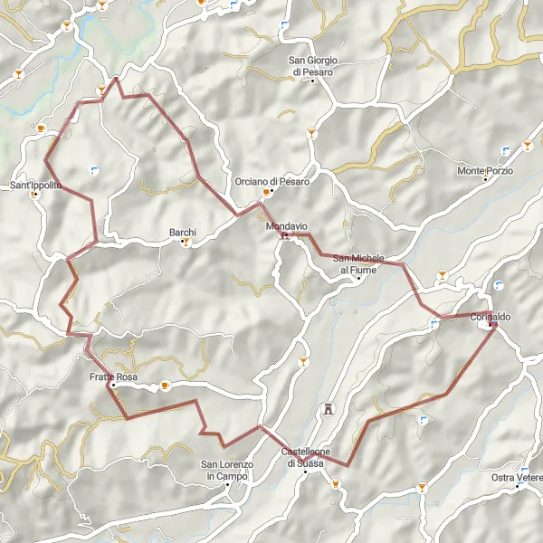 Miniatuurkaart van de fietsinspiratie "Gravelroute van Corinaldo naar Mondavio en terug" in Marche, Italy. Gemaakt door de Tarmacs.app fietsrouteplanner