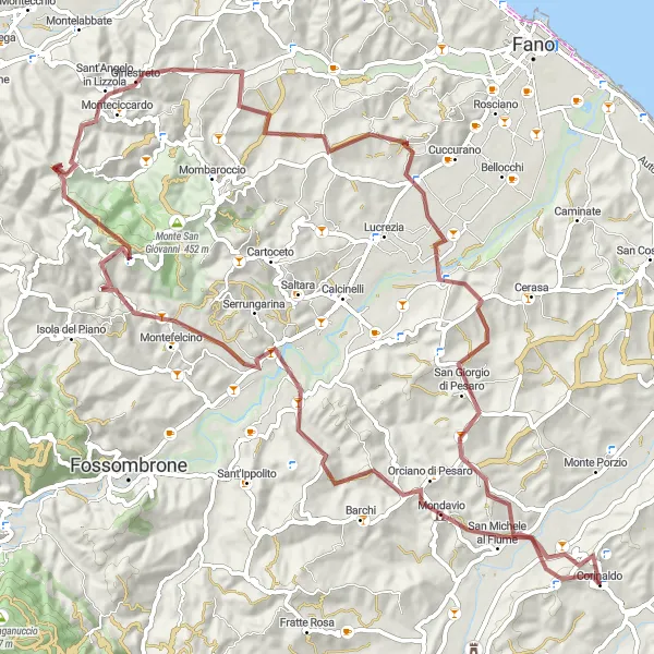 Miniature de la carte de l'inspiration cycliste "Le défi des collines de Mondavio à Cerbara en gravier" dans la Marche, Italy. Générée par le planificateur d'itinéraire cycliste Tarmacs.app
