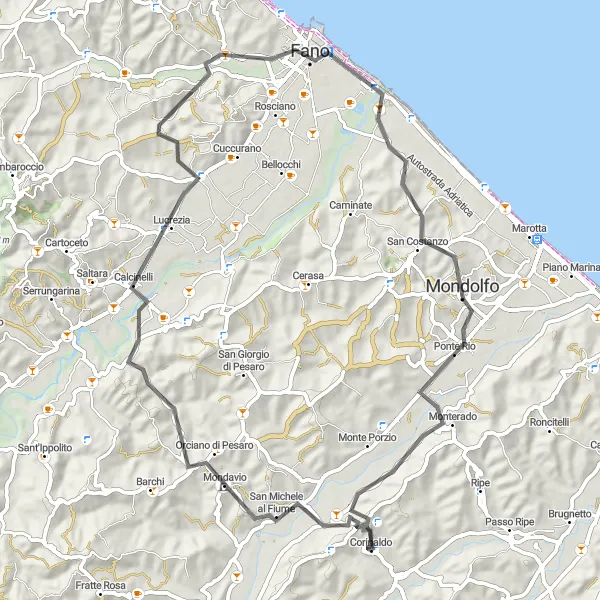 Miniatura mapy "Trasa rowerowa z Corinaldo do Mondavio i Fano" - trasy rowerowej w Marche, Italy. Wygenerowane przez planer tras rowerowych Tarmacs.app