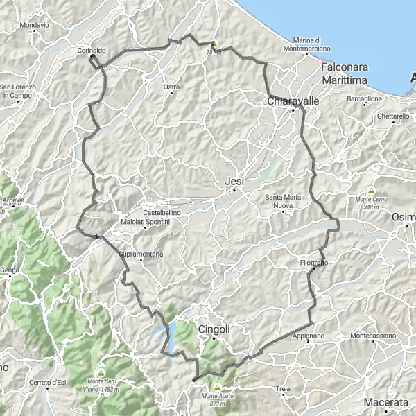 Map miniature of "The Coastal Adventure" cycling inspiration in Marche, Italy. Generated by Tarmacs.app cycling route planner