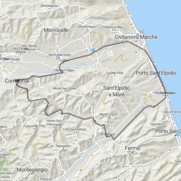 Miniatura della mappa di ispirazione al ciclismo "Giro panoramico tra Porto Sant'Elpidio e Corridonia" nella regione di Marche, Italy. Generata da Tarmacs.app, pianificatore di rotte ciclistiche