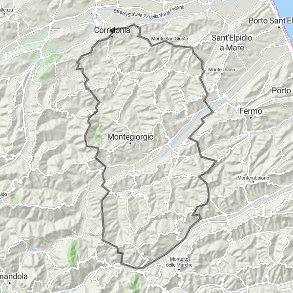 Miniatura della mappa di ispirazione al ciclismo "Sfida ciclistica tra Monte San Giusto e Corridonia" nella regione di Marche, Italy. Generata da Tarmacs.app, pianificatore di rotte ciclistiche