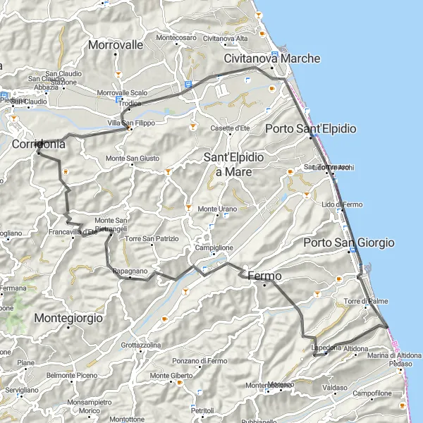 Miniatura della mappa di ispirazione al ciclismo "Giro panoramico tra Corridonia e Fermo" nella regione di Marche, Italy. Generata da Tarmacs.app, pianificatore di rotte ciclistiche