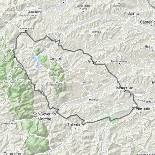 Map miniature of "Majestic Mountains" cycling inspiration in Marche, Italy. Generated by Tarmacs.app cycling route planner