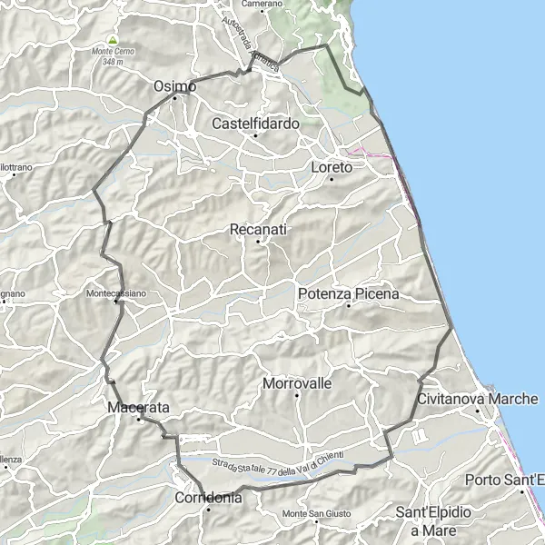 Karten-Miniaturansicht der Radinspiration "Macerata - Corridonia" in Marche, Italy. Erstellt vom Tarmacs.app-Routenplaner für Radtouren