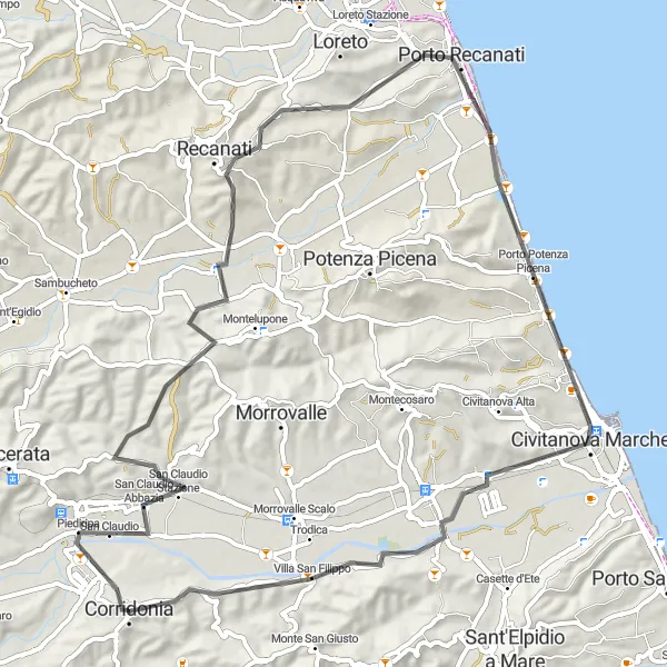 Miniatura della mappa di ispirazione al ciclismo "Tra Recanati e Porto Recanati in bicicletta" nella regione di Marche, Italy. Generata da Tarmacs.app, pianificatore di rotte ciclistiche