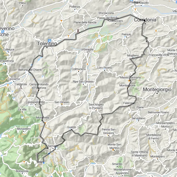 Miniatura della mappa di ispirazione al ciclismo "Tour avventuroso tra Tolentino e Sarnano" nella regione di Marche, Italy. Generata da Tarmacs.app, pianificatore di rotte ciclistiche