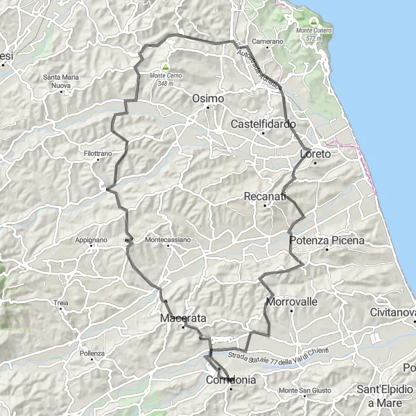 Miniatura della mappa di ispirazione al ciclismo "Cicloturismo tra Macerata e Loreto" nella regione di Marche, Italy. Generata da Tarmacs.app, pianificatore di rotte ciclistiche