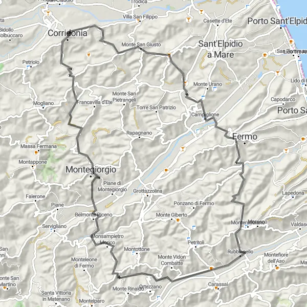 Miniatura della mappa di ispirazione al ciclismo "Tra Campiglione e Corridonia in bicicletta" nella regione di Marche, Italy. Generata da Tarmacs.app, pianificatore di rotte ciclistiche