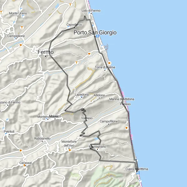 Miniatura della mappa di ispirazione al ciclismo "Giro in bici da Cupra Marittima a Pedaso" nella regione di Marche, Italy. Generata da Tarmacs.app, pianificatore di rotte ciclistiche