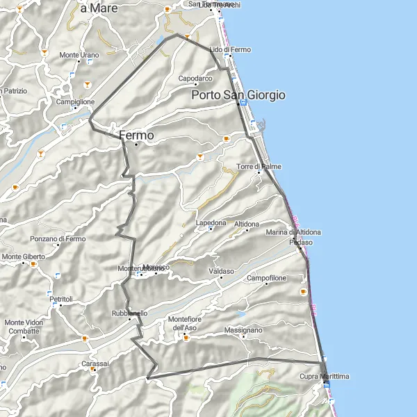 Miniatura della mappa di ispirazione al ciclismo "Giro in bicicletta da Cupra Marittima a Monterubbiano" nella regione di Marche, Italy. Generata da Tarmacs.app, pianificatore di rotte ciclistiche