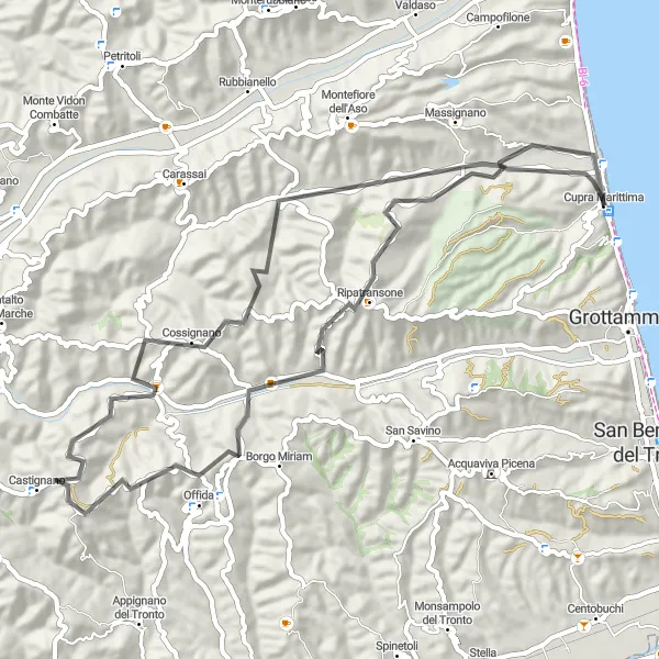 Map miniature of "Hilltop Delights" cycling inspiration in Marche, Italy. Generated by Tarmacs.app cycling route planner