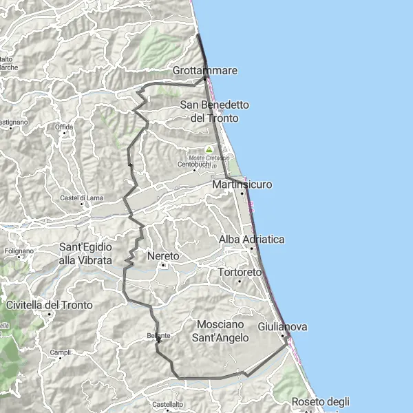 Map miniature of "Along the Coastline" cycling inspiration in Marche, Italy. Generated by Tarmacs.app cycling route planner