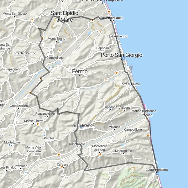Map miniature of "Cupra Marittima to Sant'Elpidio a Mare Road Cycling Route" cycling inspiration in Marche, Italy. Generated by Tarmacs.app cycling route planner