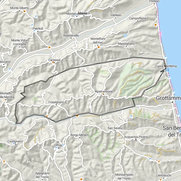 Miniature de la carte de l'inspiration cycliste "La Route des Châteaux et des Villages" dans la Marche, Italy. Générée par le planificateur d'itinéraire cycliste Tarmacs.app