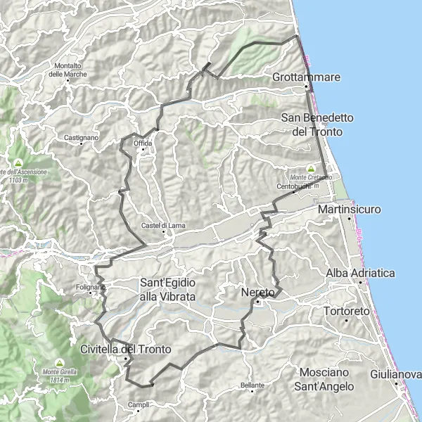 Map miniature of "Cupra Marittima to Ripatransone Road Cycling Route" cycling inspiration in Marche, Italy. Generated by Tarmacs.app cycling route planner