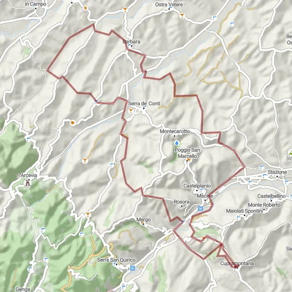 Miniature de la carte de l'inspiration cycliste "Cupramontana - Rosora" dans la Marche, Italy. Générée par le planificateur d'itinéraire cycliste Tarmacs.app