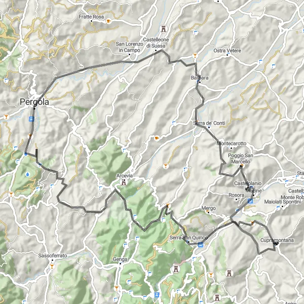 Karten-Miniaturansicht der Radinspiration "Bergtour durch die Marche" in Marche, Italy. Erstellt vom Tarmacs.app-Routenplaner für Radtouren