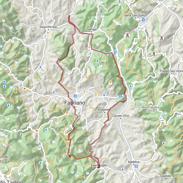 Miniature de la carte de l'inspiration cycliste "Le tour du Monte Fano et Monte Gallo" dans la Marche, Italy. Générée par le planificateur d'itinéraire cycliste Tarmacs.app
