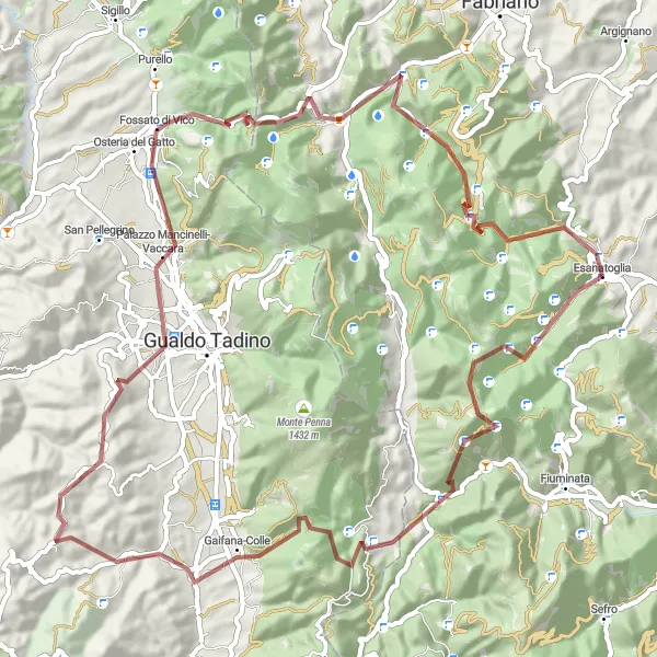 Miniatura della mappa di ispirazione al ciclismo "Giro in Gravel intorno a Esanatoglia" nella regione di Marche, Italy. Generata da Tarmacs.app, pianificatore di rotte ciclistiche