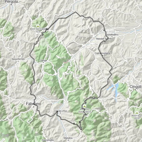 Miniature de la carte de l'inspiration cycliste "Découverte des Monts de Marche" dans la Marche, Italy. Générée par le planificateur d'itinéraire cycliste Tarmacs.app