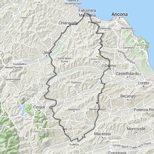 Miniatura della mappa di ispirazione al ciclismo "Scoperta delle Colline Marchigiane" nella regione di Marche, Italy. Generata da Tarmacs.app, pianificatore di rotte ciclistiche