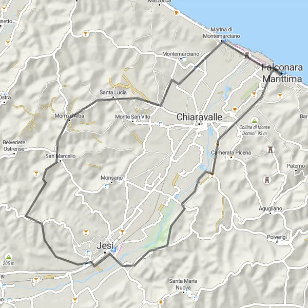 Miniatuurkaart van de fietsinspiratie "Jesi en Morro d'Alba Route" in Marche, Italy. Gemaakt door de Tarmacs.app fietsrouteplanner