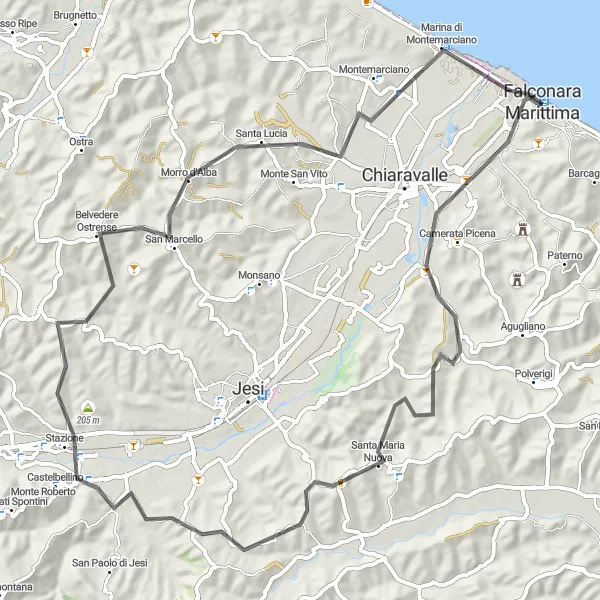 Miniatura della mappa di ispirazione al ciclismo "Tour tra le colline marchigiane" nella regione di Marche, Italy. Generata da Tarmacs.app, pianificatore di rotte ciclistiche