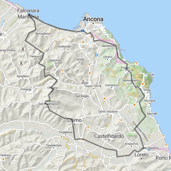 Miniature de la carte de l'inspiration cycliste "Les panoramas de Loreto et Offagna" dans la Marche, Italy. Générée par le planificateur d'itinéraire cycliste Tarmacs.app