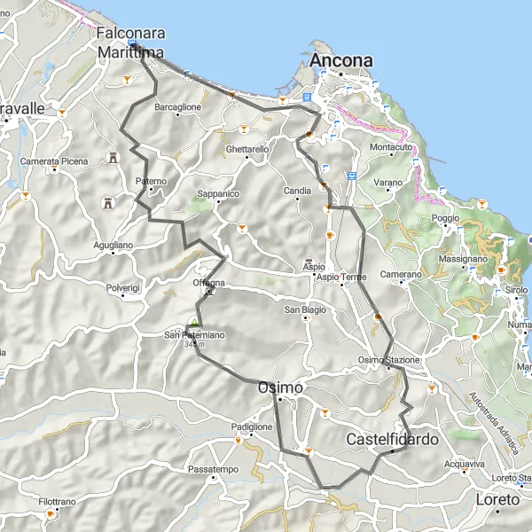 Miniatura della mappa di ispirazione al ciclismo "Tra colline e borghi medievali" nella regione di Marche, Italy. Generata da Tarmacs.app, pianificatore di rotte ciclistiche