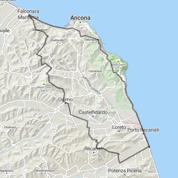 Miniatura della mappa di ispirazione al ciclismo "Giro Il Monte Larciano" nella regione di Marche, Italy. Generata da Tarmacs.app, pianificatore di rotte ciclistiche