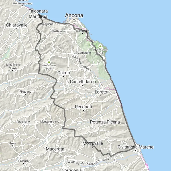 Miniatura della mappa di ispirazione al ciclismo "Giro panoramico della Riviera del Conero" nella regione di Marche, Italy. Generata da Tarmacs.app, pianificatore di rotte ciclistiche
