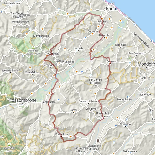 Map miniature of "Exploring the Hills of Cerbara and Fratte Rosa" cycling inspiration in Marche, Italy. Generated by Tarmacs.app cycling route planner