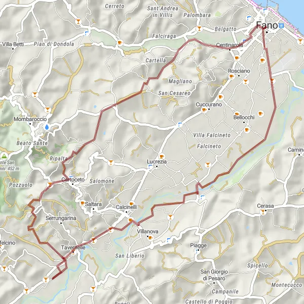 Map miniature of "Journey through Cartoceto and Bastione del Nuti" cycling inspiration in Marche, Italy. Generated by Tarmacs.app cycling route planner