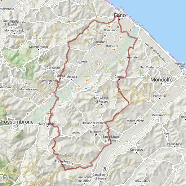 Map miniature of "Ride to Saltara via Cerasa and Bastione del Nuti" cycling inspiration in Marche, Italy. Generated by Tarmacs.app cycling route planner