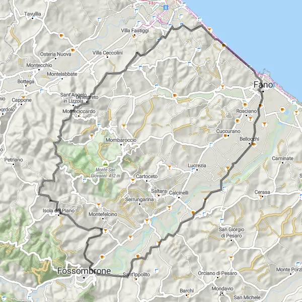 Miniatura della mappa di ispirazione al ciclismo "Sulle tracce di Cerbara e Fossombrone" nella regione di Marche, Italy. Generata da Tarmacs.app, pianificatore di rotte ciclistiche