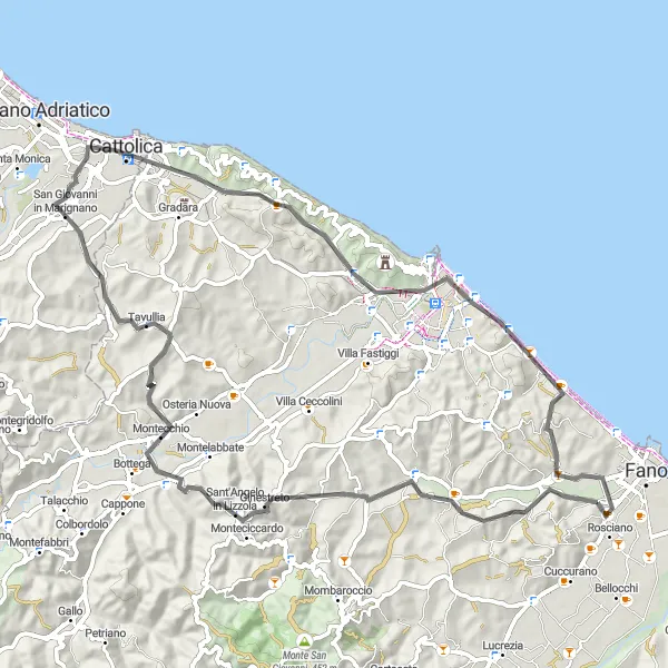 Miniatura della mappa di ispirazione al ciclismo "Tra Tavullia e Monte Trebbio" nella regione di Marche, Italy. Generata da Tarmacs.app, pianificatore di rotte ciclistiche