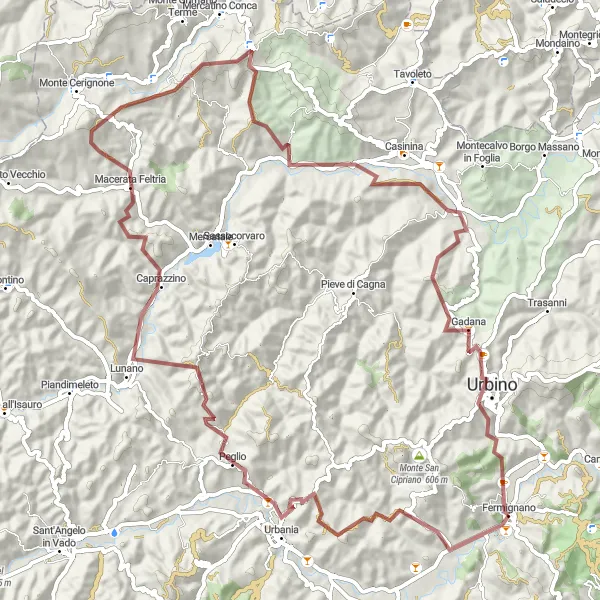 Map miniature of "The Gravel Delight" cycling inspiration in Marche, Italy. Generated by Tarmacs.app cycling route planner