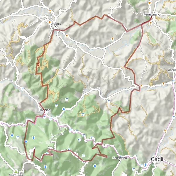 Karten-Miniaturansicht der Radinspiration "Gravel Abenteuer durch die Hügel von Fermignano" in Marche, Italy. Erstellt vom Tarmacs.app-Routenplaner für Radtouren